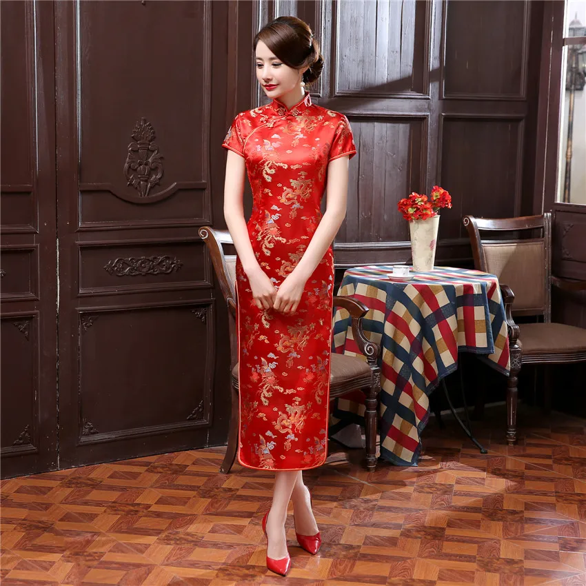 

17colors Chinese Traditional Costumes Women Tight Bodycon Dress Cheongsam Tang Suit Dragon&Phoenix Print Split Dress Sexy Kimono