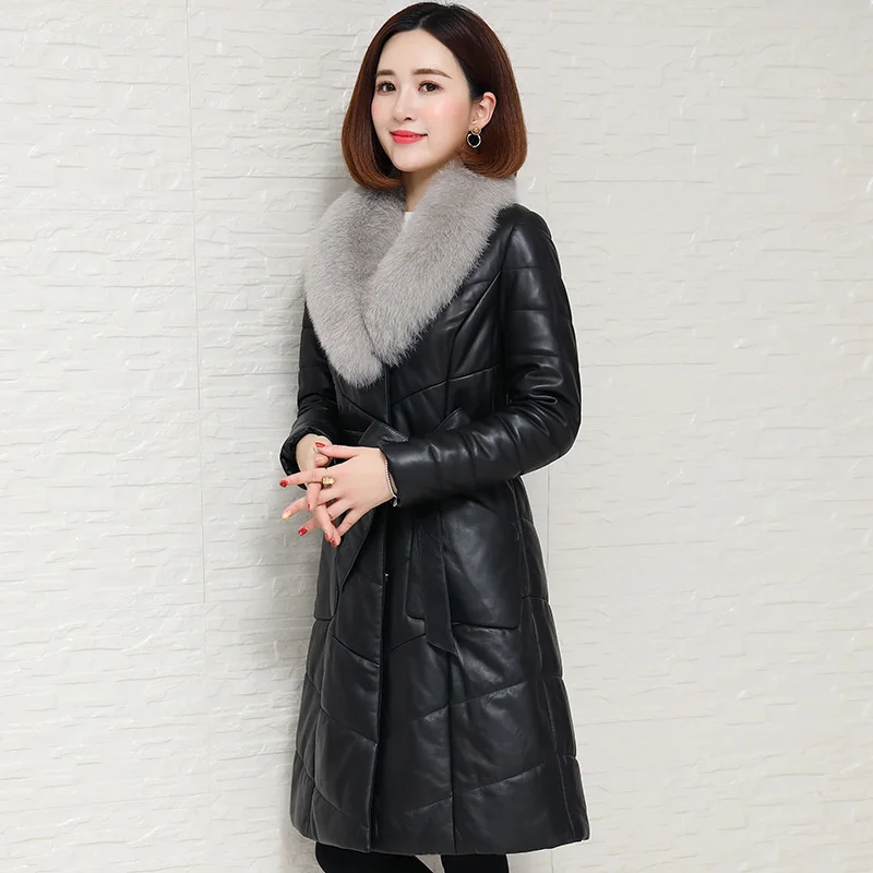 Genuine Elegant Leather Down Jacket Women Winter Thick 100% Sheepskin Fox Fur Collar Overcoat Streetwear Runway Sashes Long Coat