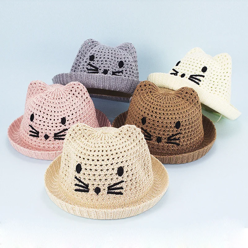 Child Summer Sunscreen Straw Knit Sun Fisherman Hat Boy Girl Imitation Raffia Embroidery Cartoon Cat Breathable Basin Cap R64