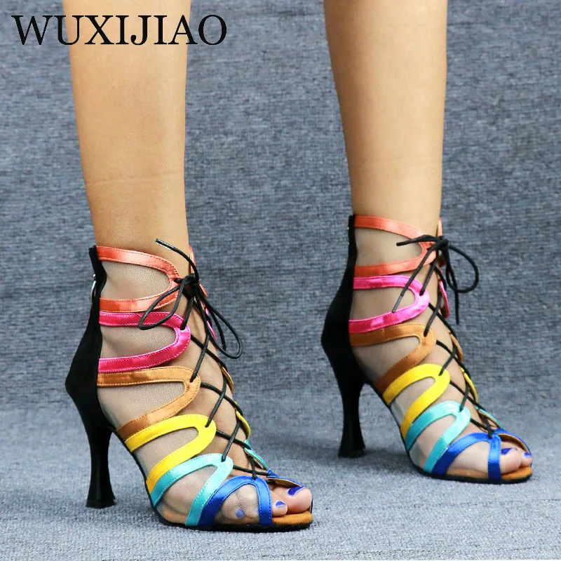 

WUXIJIAO Ladies black mesh suede fashion cross strap sexy high heel sandals comfortable latin dance shoes salsa shoes