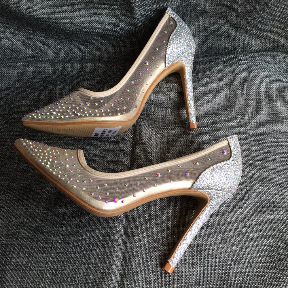 Veowalk Summer Bling Silver See-through Women Stiletto High Heels Sexy Ladies Shiny Pointed Toe Pumps Fashion Wedding Shoes