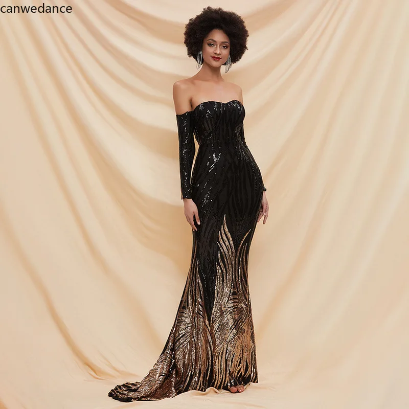 

2020 Glitter Black Mermaid Evening Dress Long Sleeves Boat Neck Exquisite Sequins Long Prom Gowns Arrival Women Party Dress