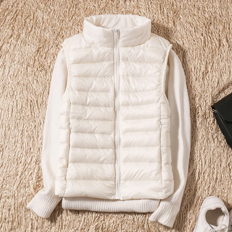 Chaleco ultraligero de plumón de pato blanco para mujer, Parka portátil sin mangas, chaleco Delgado, 0-10 ℃, Otoño e Invierno