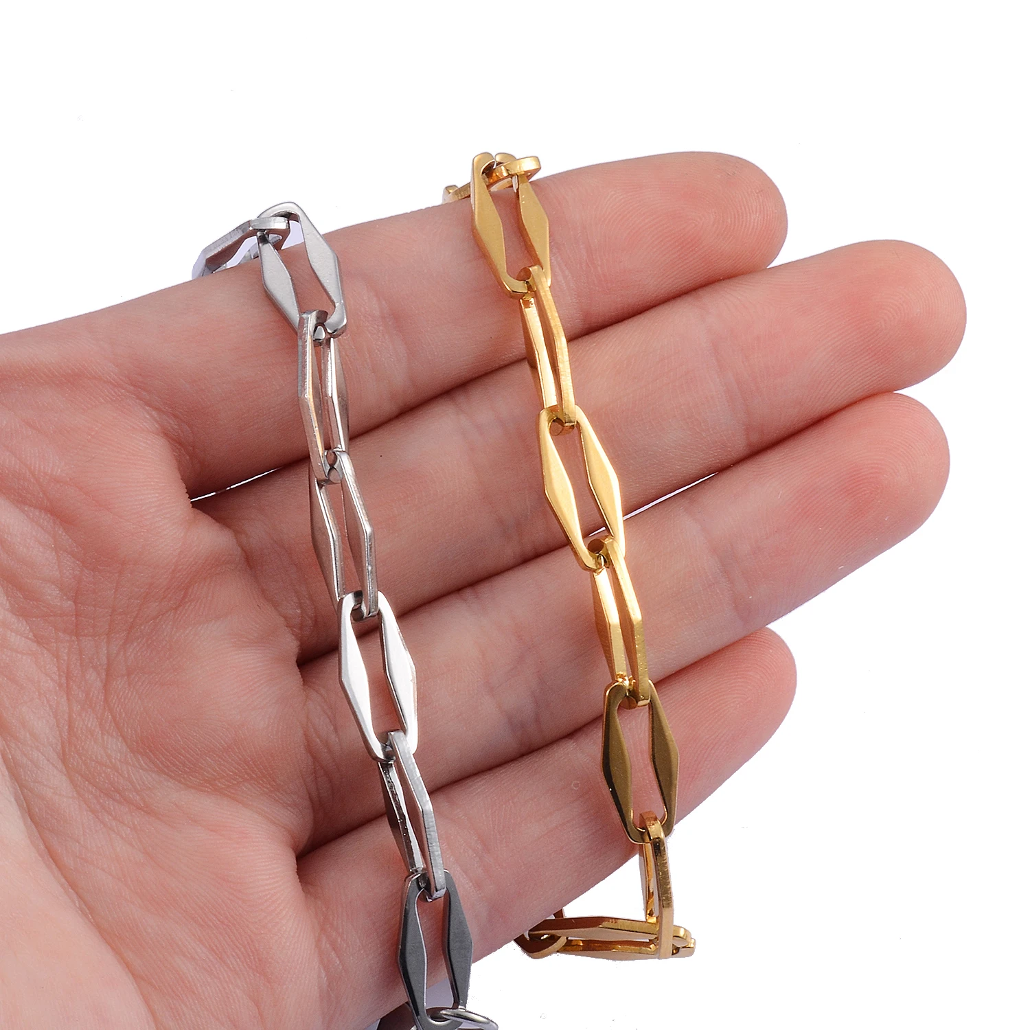 Michley 4mm Stainless Steel Bracelet Gold Color Rhombus Hollow Cable Link Chain for Men's and Women's Jewelry Gift