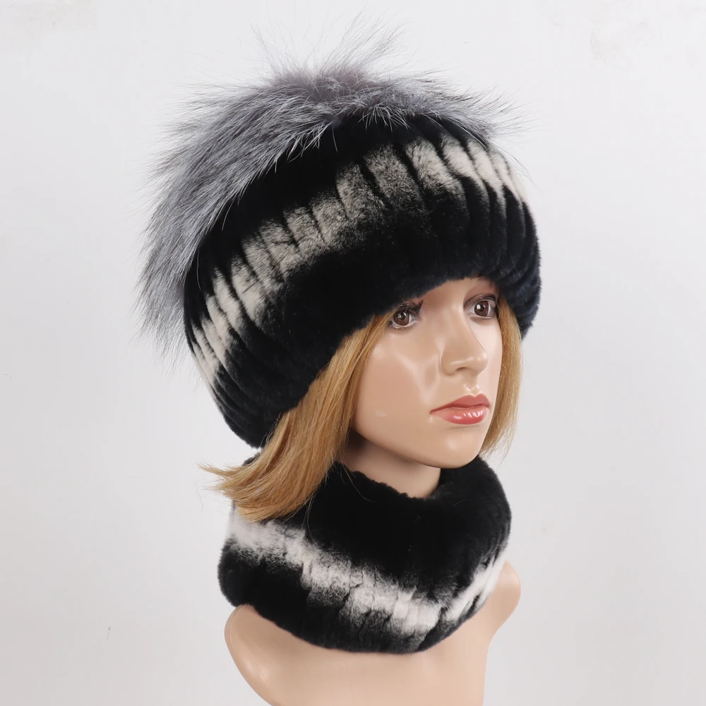 Women's Winter Warm Genuine Fur Hat Scarf Set Real Rex Rabbit Fur Cap with Silver Fox Scarves 2-Piece Natural Fashion Accessory