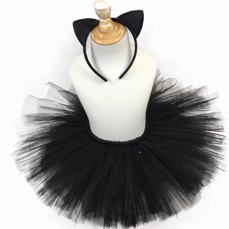 Cute Baby Black Tutu Skirts Girls Ballet Tutus Pettiskirt Underskirts with Cat Hairbow Kids Halloween Party Costume Skirts Cloth