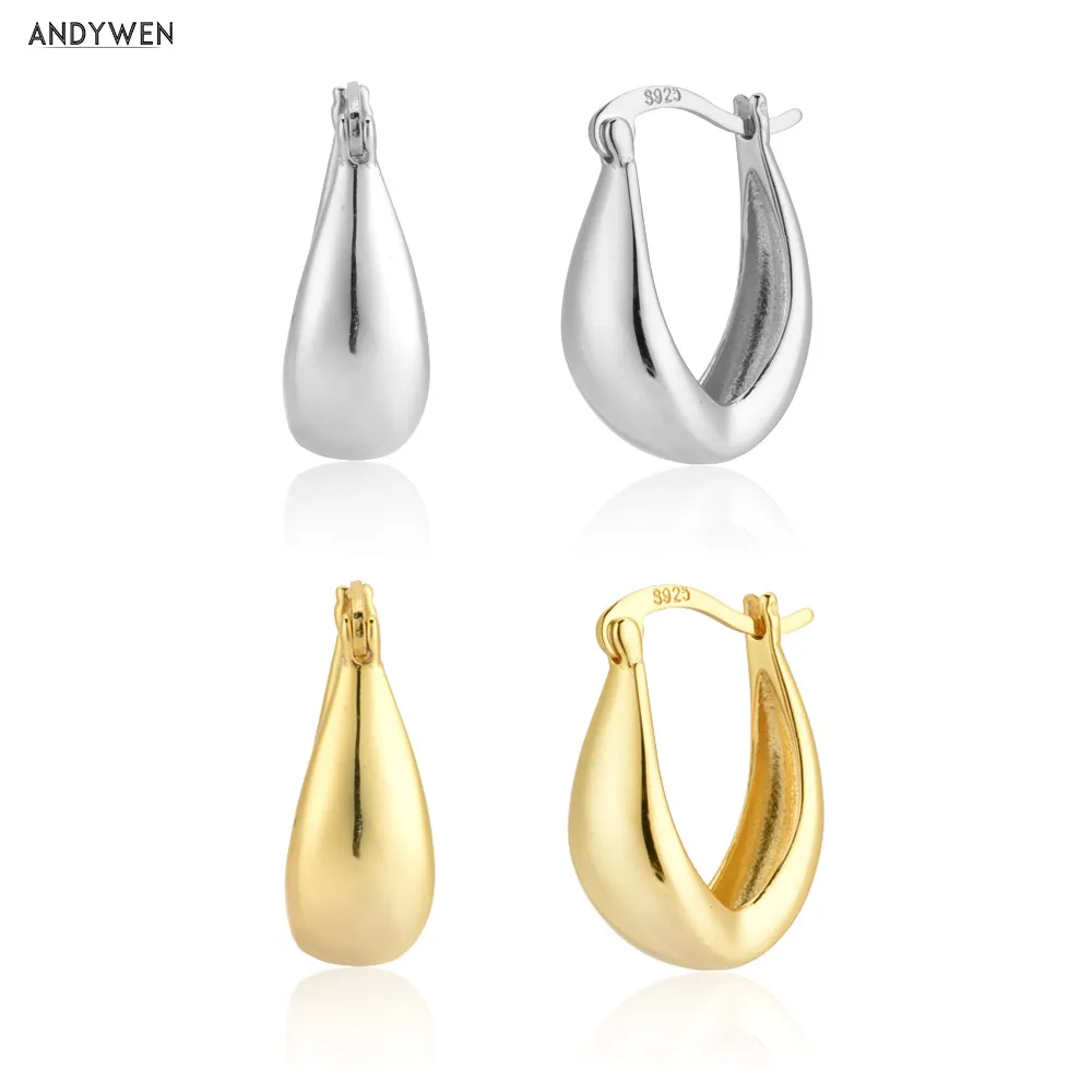 ANDYWEN 100% 925 Sterling Silver Gold Oval Thick Hoop Huggies Circle Women Luxury Fashion Fine Jewelry Simple Plain Jewelry