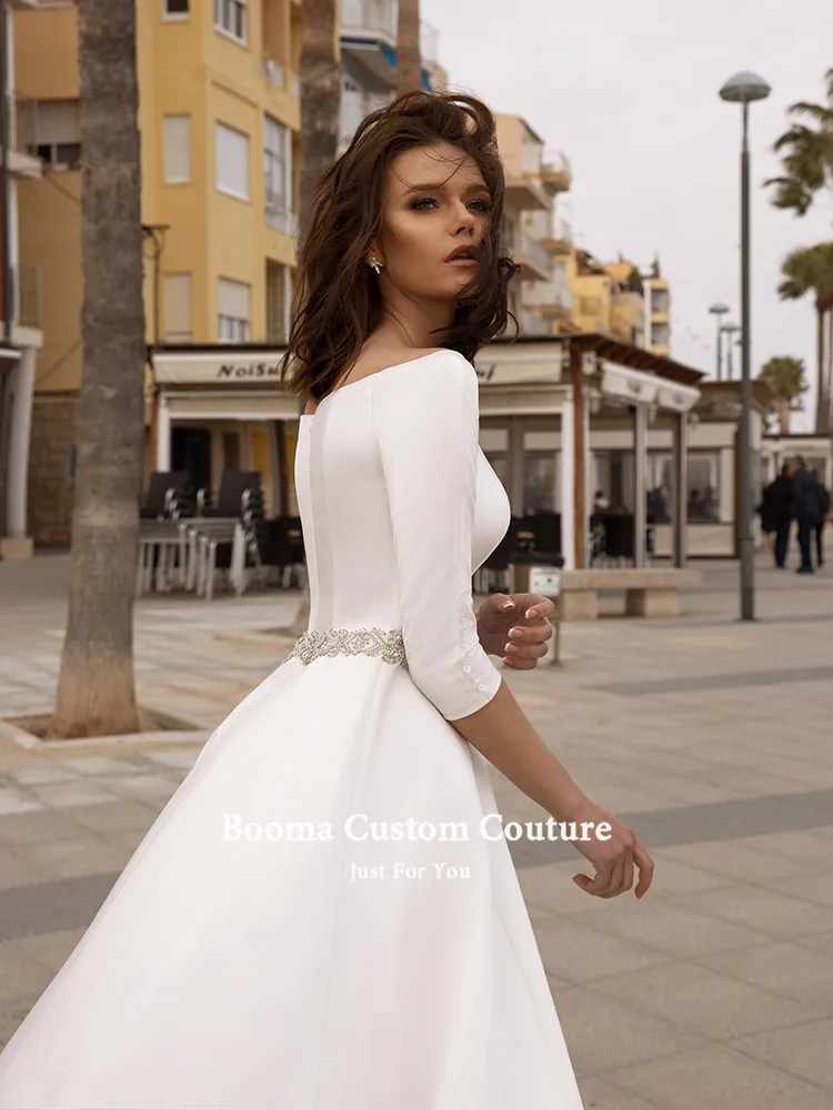 Elegante vestido de novia de satén de marfil, Media manga, con cinturón de cristal, corte en A, talla grande