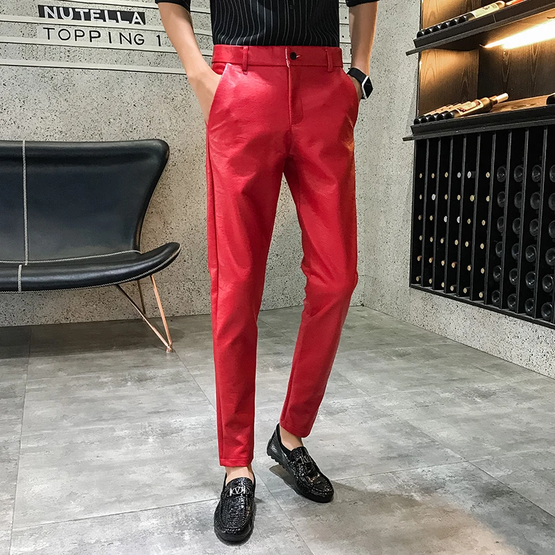 

2020 Autumn Winter PU Faux Leather Skinny Pants Tight Trousers Club Wear Sexy Men'S Pencil Pant