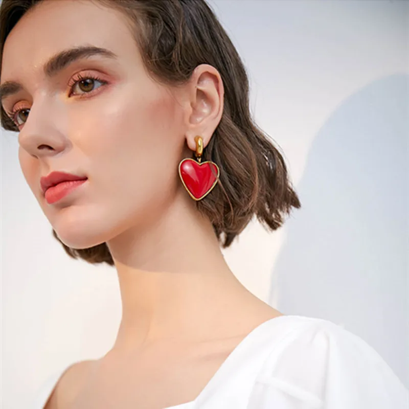 Korean Vintage Big Red Black Heart Drop Earrings New Personality Statement Earrings for Women Girls Party Brinco Bijou