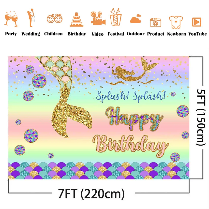 С днем рождения Русалка фон с золотым блеском фото фон для фотографирования с изображением ярких Русалка фон для фото студия индивидуальный для фотосессии