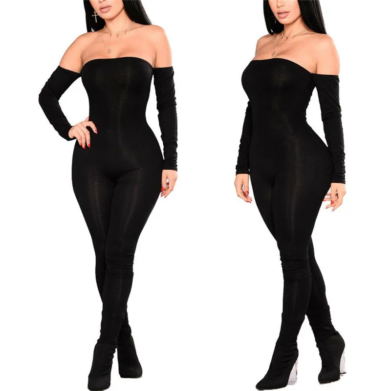 Vrouwen Jumpsuit Off Shoulder Clubwear Speelpakjes Dames Bodycon Party Jumpsuits Vrouwelijke Solid Slash Hals Rompertjes S-XL Zwart