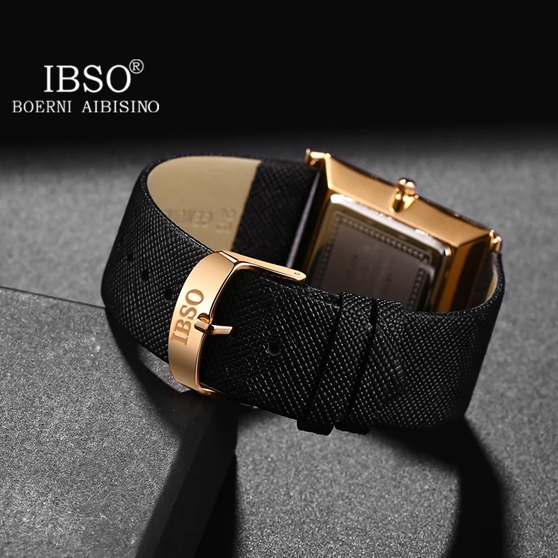 IBSO Ultra-Thin Rectangle Dial Men\'s Quartz Watch Luxury Business Style Genuine Leather Strap Waterproof New Men WristWatches