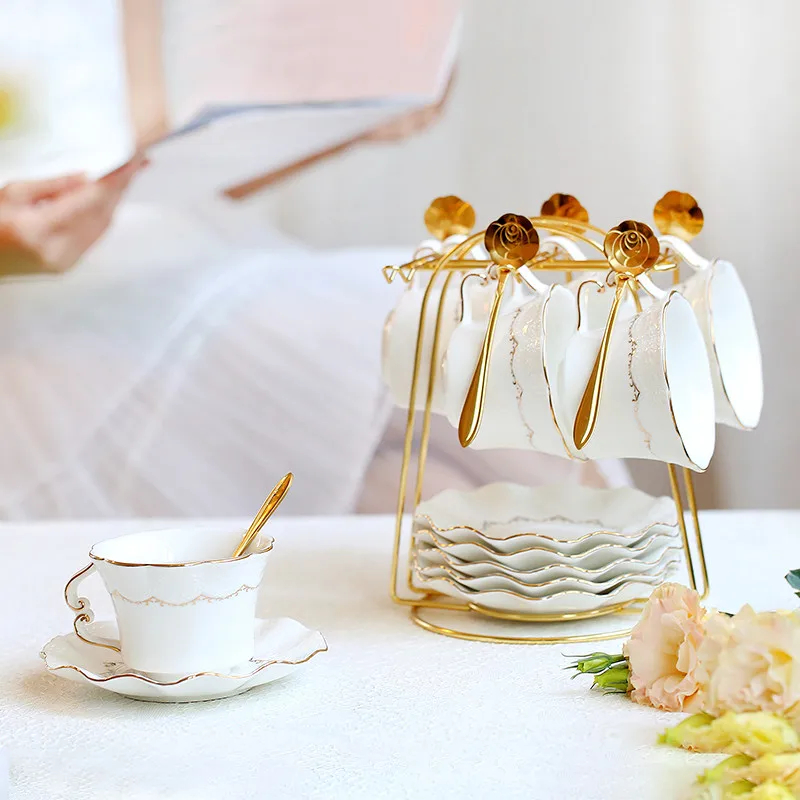 European Porcelain Tea Pot And Cup Set Embossed Rose Gold Coffee Mugs With Plate Spoon Iron Frame Afternoon Teapot Ceramic Home