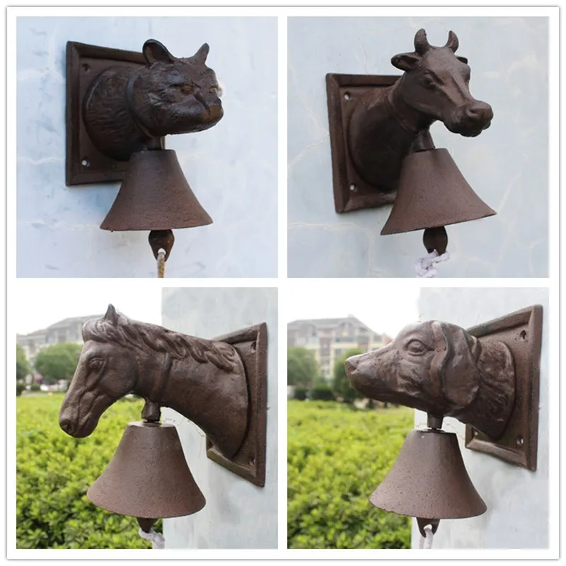 JD Cast Iron Cat Head Doorbell Wind Chimes Antique Wall Decoration Cafe Garden Pendant Animal Shape