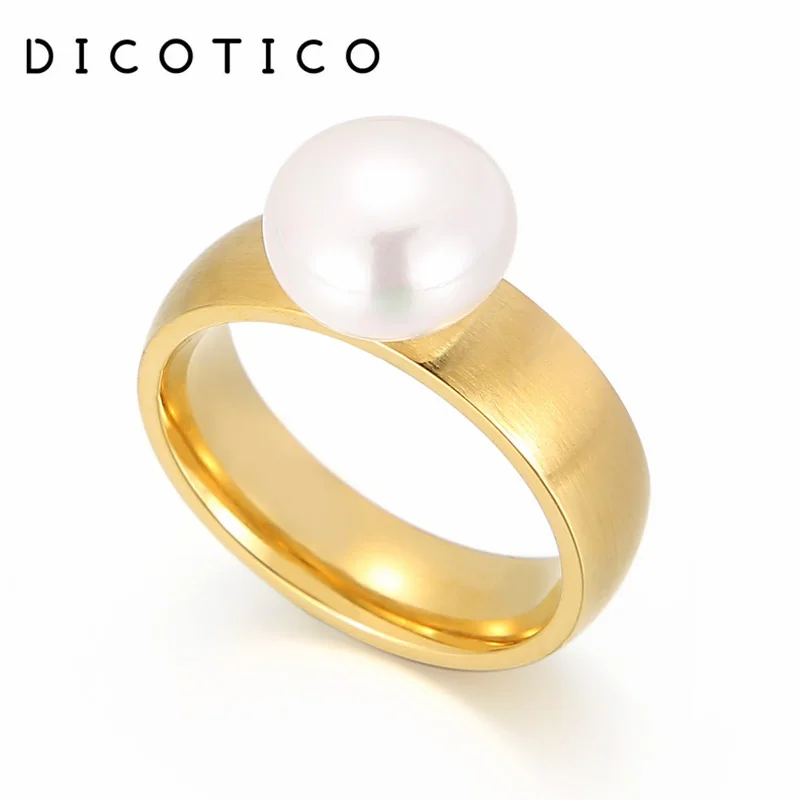 DICOTICO Women Stainless Steel Brushed Rings Shell Imitation Pearls Rings For Women Fashion Weeding Bands Mujer Anillos Jewelry