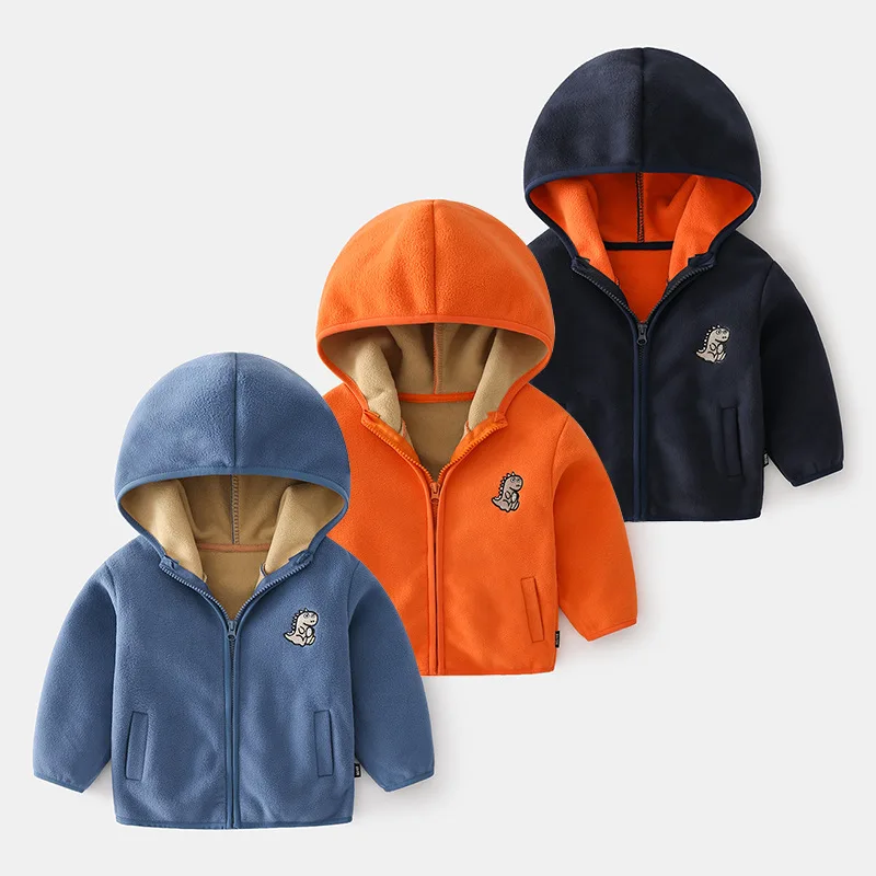 

Boys Coats Winter Baby Kids Warm Clothes Hooded Children Cartoon Dinosaur Fleece Zipper Jackets Infant Sweatshirt Outerwear