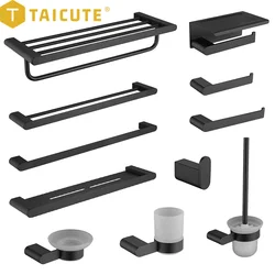 TAICUTE Black Bathroom Accessories Hardware Sets Premium Stainless Steel Towel Rack Bar Hook Toilet Paper Roll Holder Brush