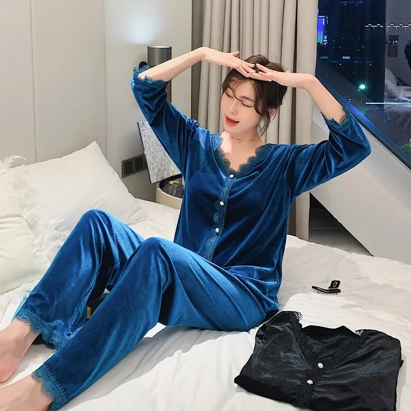 

Pajamas female suit casual gold velvet home sexy yukata seductive sleepwear 2PCS solid color underwear pijamas women new robe