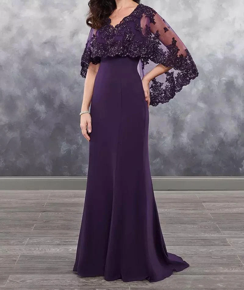 

Dark Purple Mother Of The Bride Dresses With Cape Sleeves Applique Sequins Lace Wedding Guest Evening Party Prom Gowns 2024