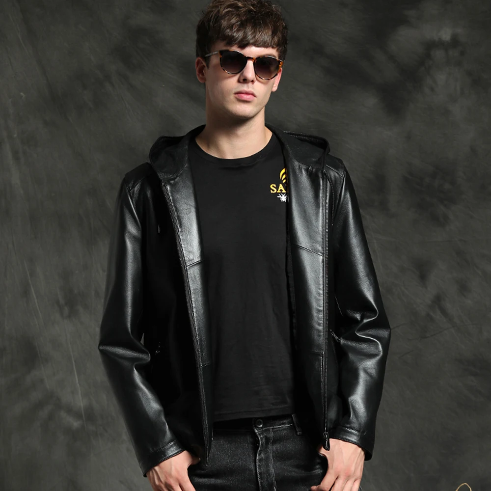 New Hooded Leather Jacket Men Short Sheepskin Outwear Cap Genuine Leather Coat Black Sheepskin Leather Clothing