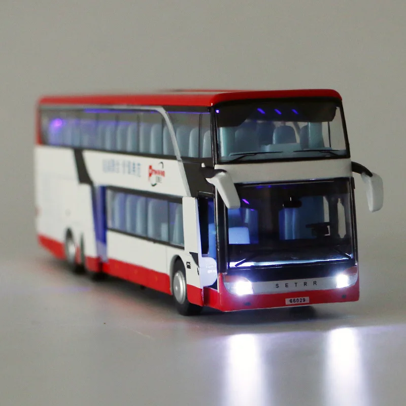 Autocarro de dois andares modelo de simulação, venda quente 1:50 modelo liga ônibus de viagem, som e luz puxar para trás brinquedos das crianças, frete grátis