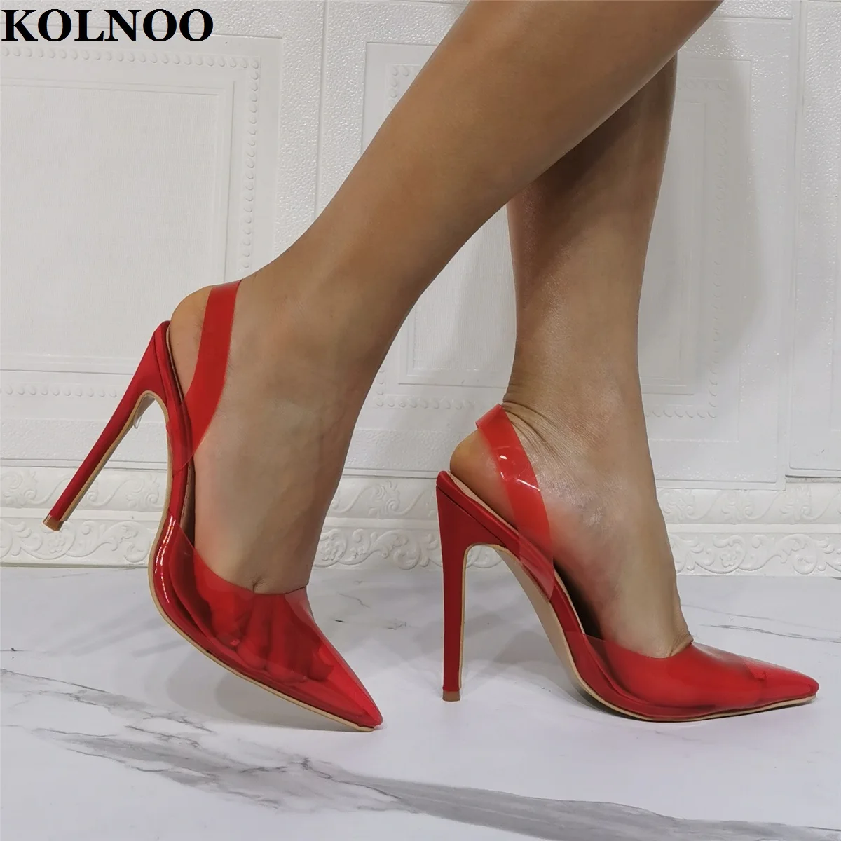 Kolnoo New Handmade Womens High Heels Pumps PVC Leather Sexy Slingback Party Prom Shoes Real Photos Fashion Evening Court Shoes