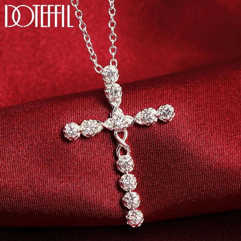 DOTEFFIL 925 Sterling Silver 18 Inch Sky Blue/Royal Blue/White AAA Zircon Cross Necklace For Women Fashion Wedding Charm Jewelry