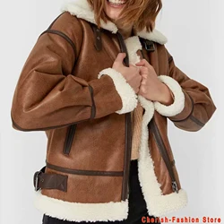 Lady Motorcycle Biker Warm Black Coffee Coats Streetwear 2022 Fashion Women Winter Thick Faux Leather Fur Sheepskin Jackets