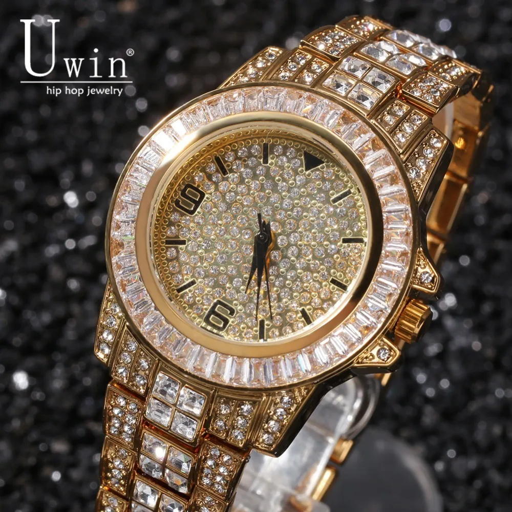 Uwin Full Iced Out Men Watches Stainless Steel Fashion Luxury Rhinestones Quartz Square Wristwatches Business Watch