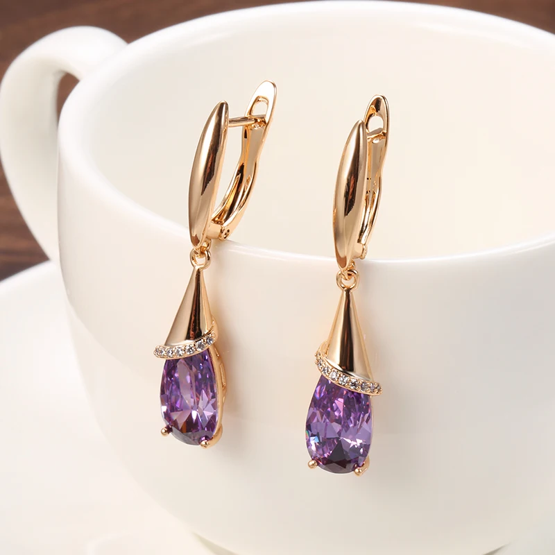 Kinel Fashion 585 Rose Gold Long Earrings for Women Water Drop Purple Natural Zircon Dangle Earring Fine Jewelry Crystal Gift
