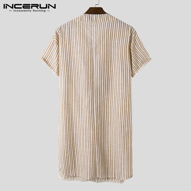 INCERUN Leisure Striped Homewear Men Cotton Sleepwear Summer Short Sleeve V Neck Nightgown Breathable Comfy Nightwear Plus Size