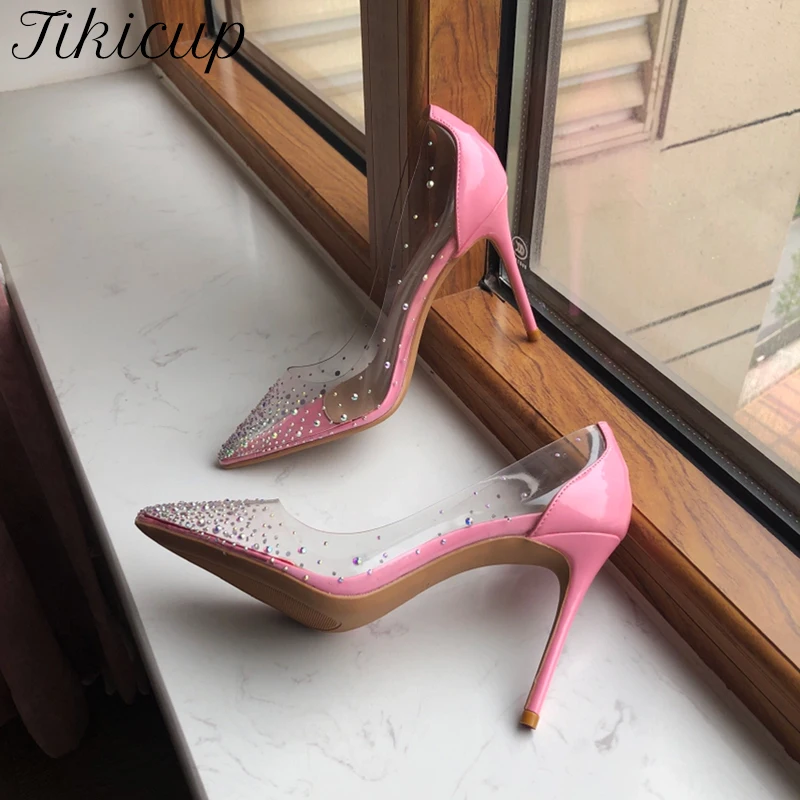 

Tikicup Patchwork Jelly Transparent Women Pointy Toe High Heels Summer Spring Sexy Ladies Dressing Party Shoes with Tiny Rubies