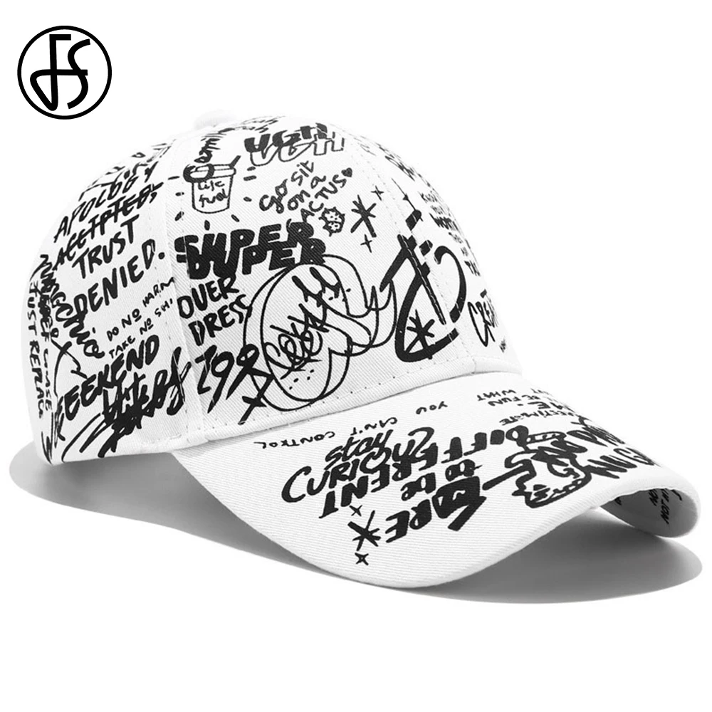 FS 2024 Black White Graffiti Print Baseball Caps For Men Streetwear Snapback Hip Hop Cap Brand Women Trucker Hat Bone Masculino