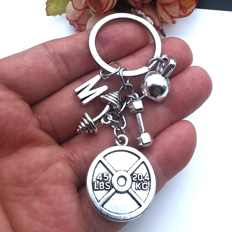 1 stück A-Z power sport barbell hantel charme gewicht gym gewichtheben keychain 45 £ gewicht platte schlüsselbund männer geschenk