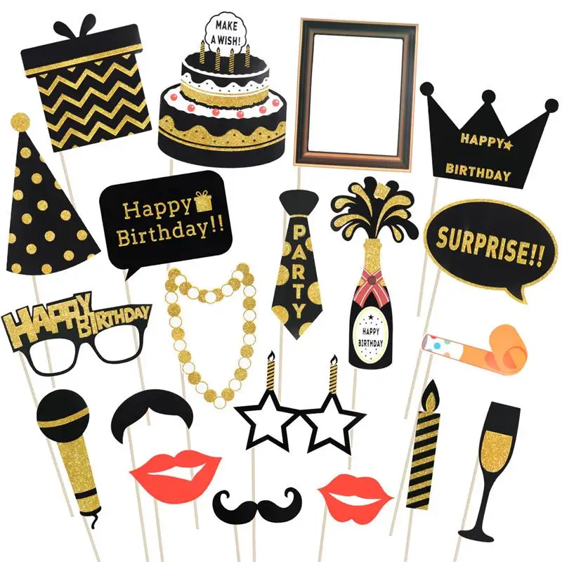 20 Pcs Glitter Birthday Party Photo Booth Props With Wooden Sticks Funny Party Decoration Supplies