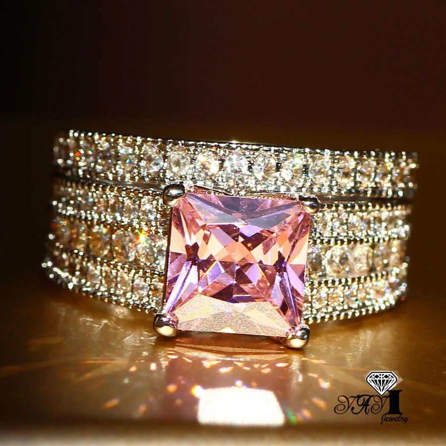 2 шт. ювелирные изделия YaYI Мода Принцесса 10*10 мм огромный Цвет полный кубического циркония серебряный Цвет обручальные кольца Свадебная вечеринка пары кольцо