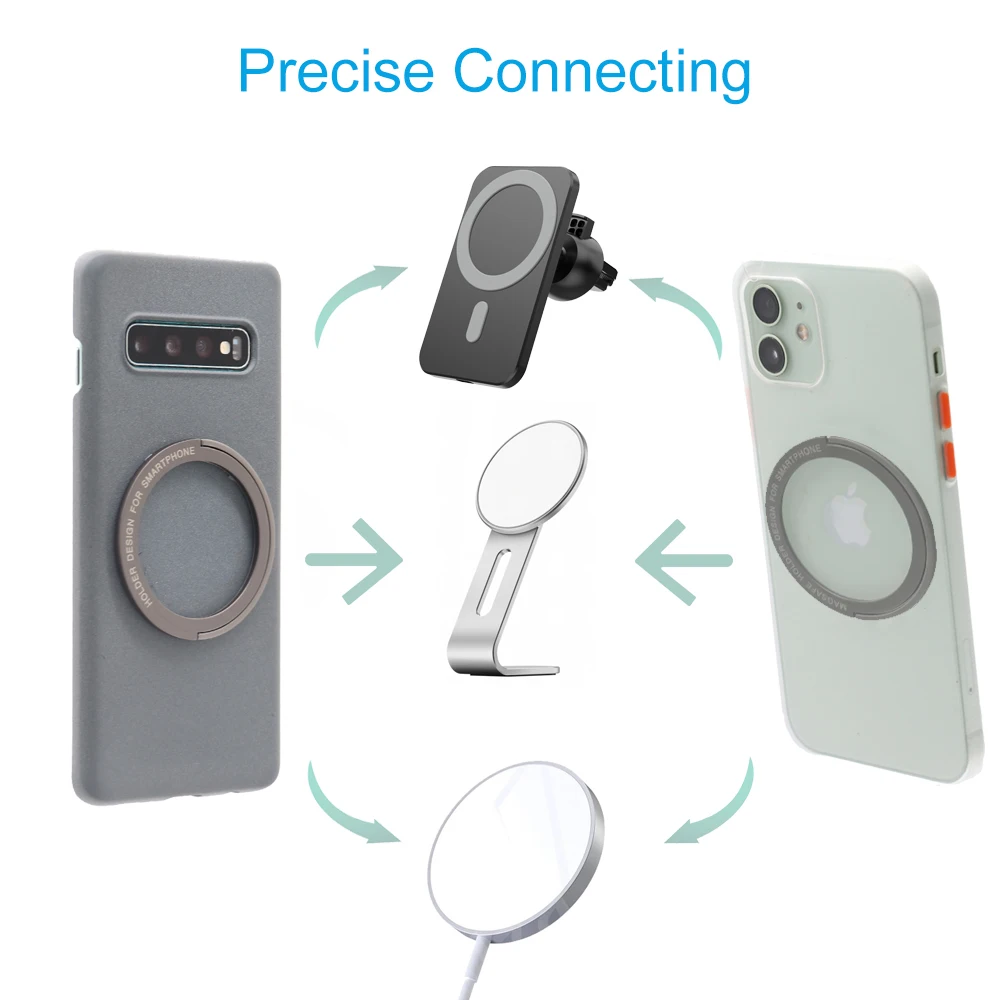 Supporto sicuro per staffa ad anello magnetico con adesivo per telefono Android e serie iPhone 14/13/12 per collegare in modo preciso il caricatore Wireless