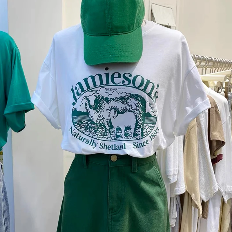 6024 America Jamieson Sheeps Printed Vintage 90s Tshirt female White Cotton Short Sleeve Graphic Tees Loose Kpop Women T Shirt
