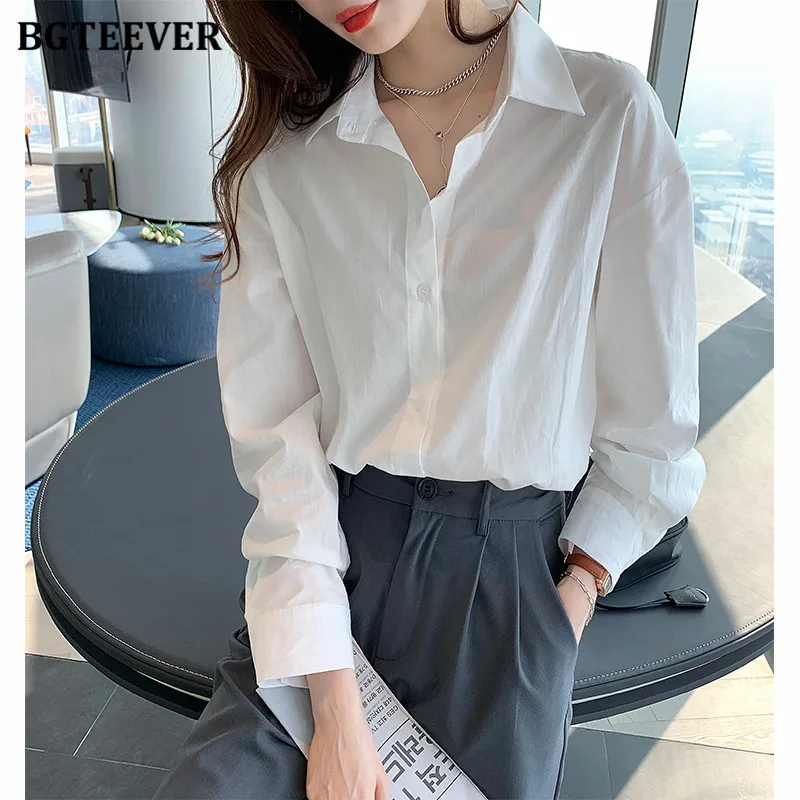 BGTEEVER Casual Single-breasted Loose Solid  Women Blouses Tops 2021 Autumn Winter Lapel Full Sleeve Ladies Shirts Elegant Blusa