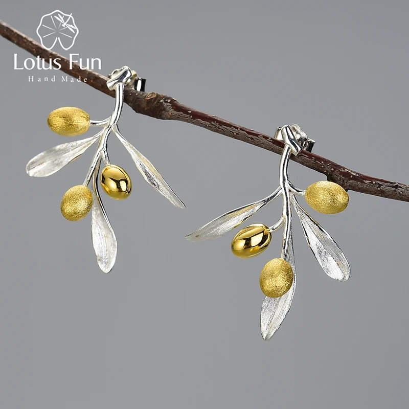 Lotus Fun Olive Leaves Branch Fruits Unusual Earrings for Women Real 925 Sterling Silver Original Statement Wedding Fine Jewelry