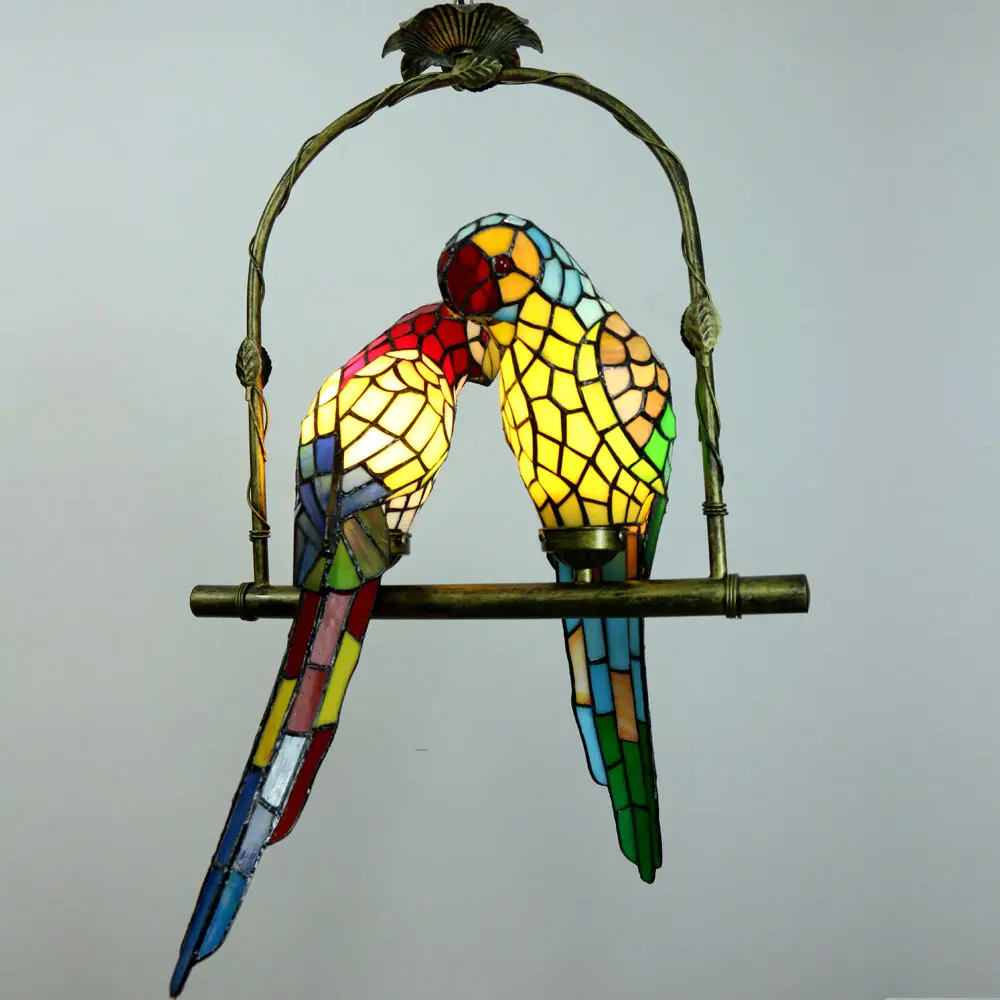 Vintage Tiffany Glass Chandelier Light Two Parrots Bird Ceiling Light Fixture Hanging Lamp for Bedroom Balcony Living Room