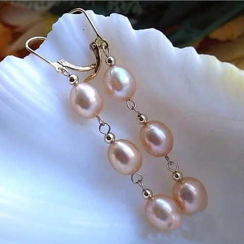 

New Arrival Favorite Pearl Jewelry 11mm Pink Rice Genuine Freshwater Pearls 14k/20 GP Dangle Earrings Fine Lady Gift