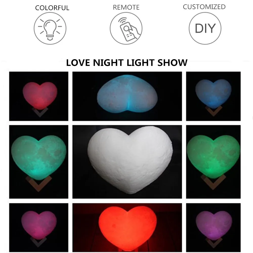 3D Print Customized Moon Night Light with Photo&Text Moon Lamp Personalized Festival Kids Gift Heart Shape Lamp