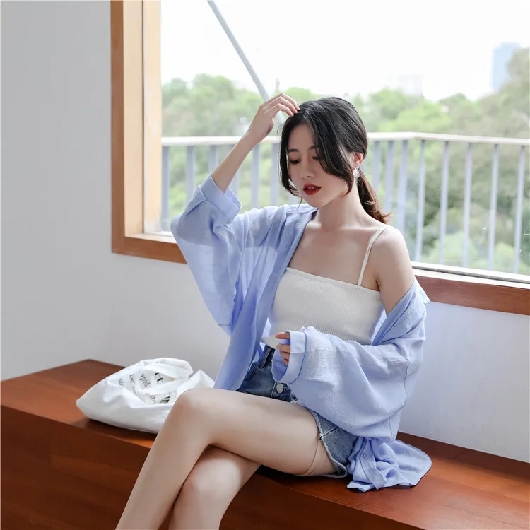 Lantern Sleeve Cotton Linen Shirts Blusa Women 2021 Summer Transparent Buttoned Shirt Long Top Waist Elegant Women Blouses Loose