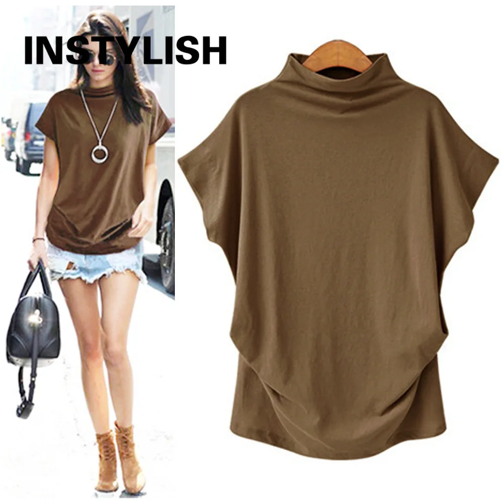 Instylish Women Casual Turtleneck Short Batwing Sleeve T Shirts Elegant Solid Loose Blouse Vintage Tops Shirts Oversize S-6XL