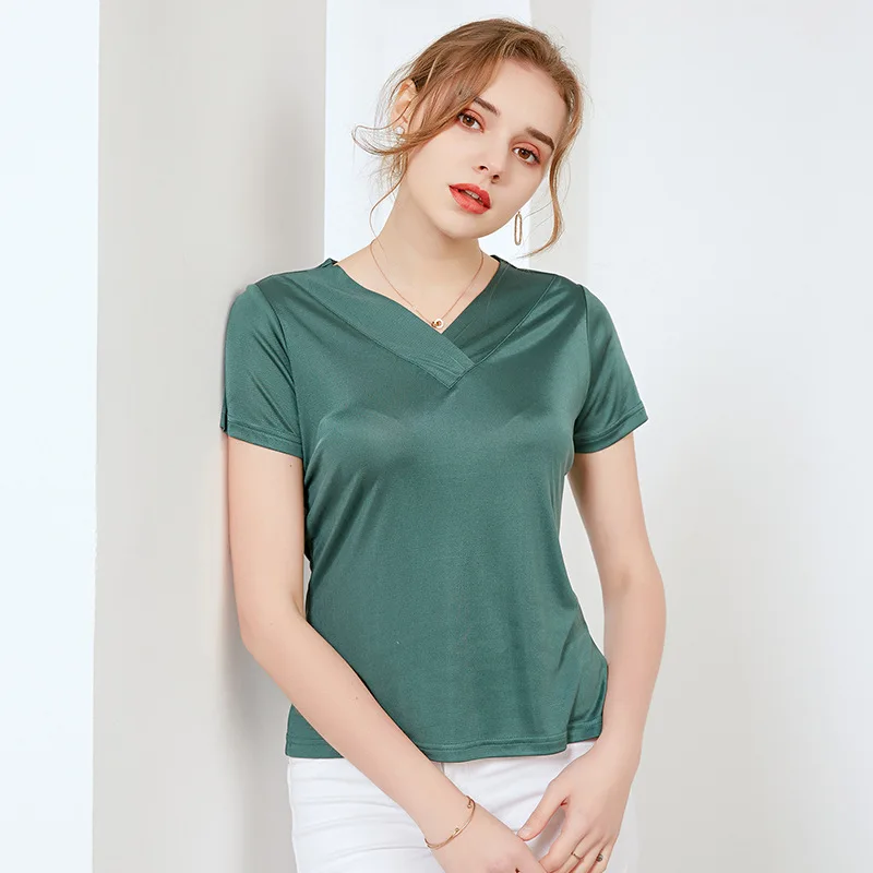 New silk V-neck short sleeve T-shirt for women, pure color mulberry silk knit loose base