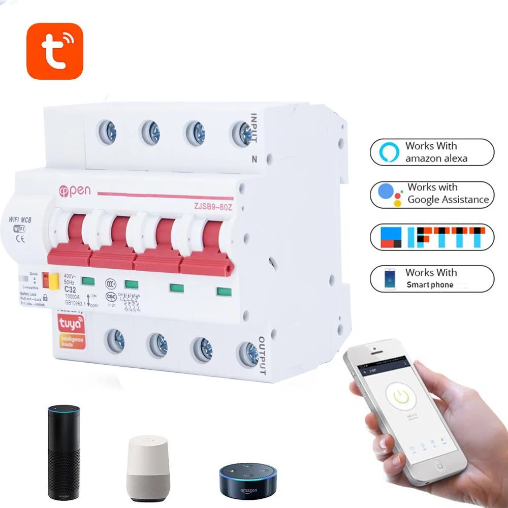 OPEN  Tuya(smart home) 4P WiFi Circuit Breaker Remote control overload short circuit protection Amazon Alexa Google home for Sma