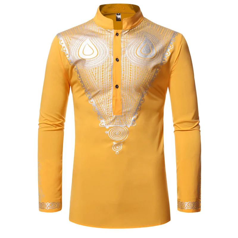 

Yellow Mandarin Collar Button Up Shirt Men 2022 Brand Streetwear Casual African Clothes Men Slim Fit Long Sleeve Chemise Homme