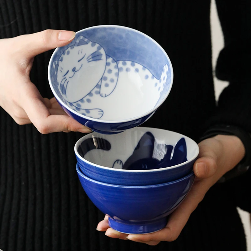 Cute Cat Ceramic Plate, Japanese Style Dinner Plates, Blue and White Porcelain Bowls, Household Creative Dishes